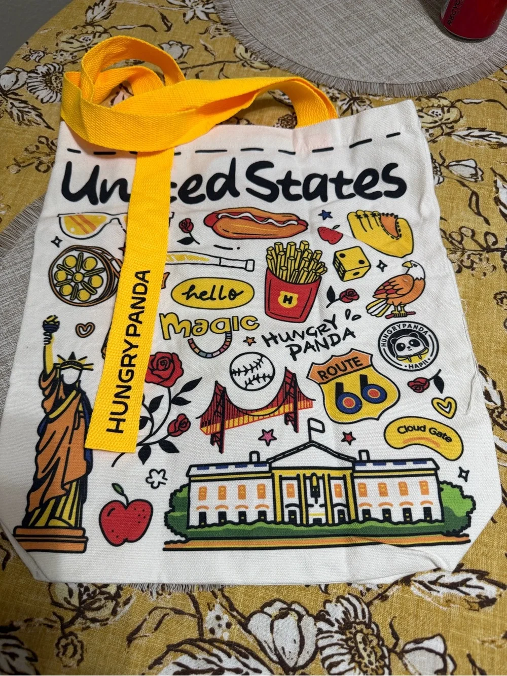 White Canvas Shoulder Bag with Yellow Accents